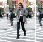 kendall jenner crosses a street wearing a shacket to illustrate a guide to the shacket womens shirt jacket 2022