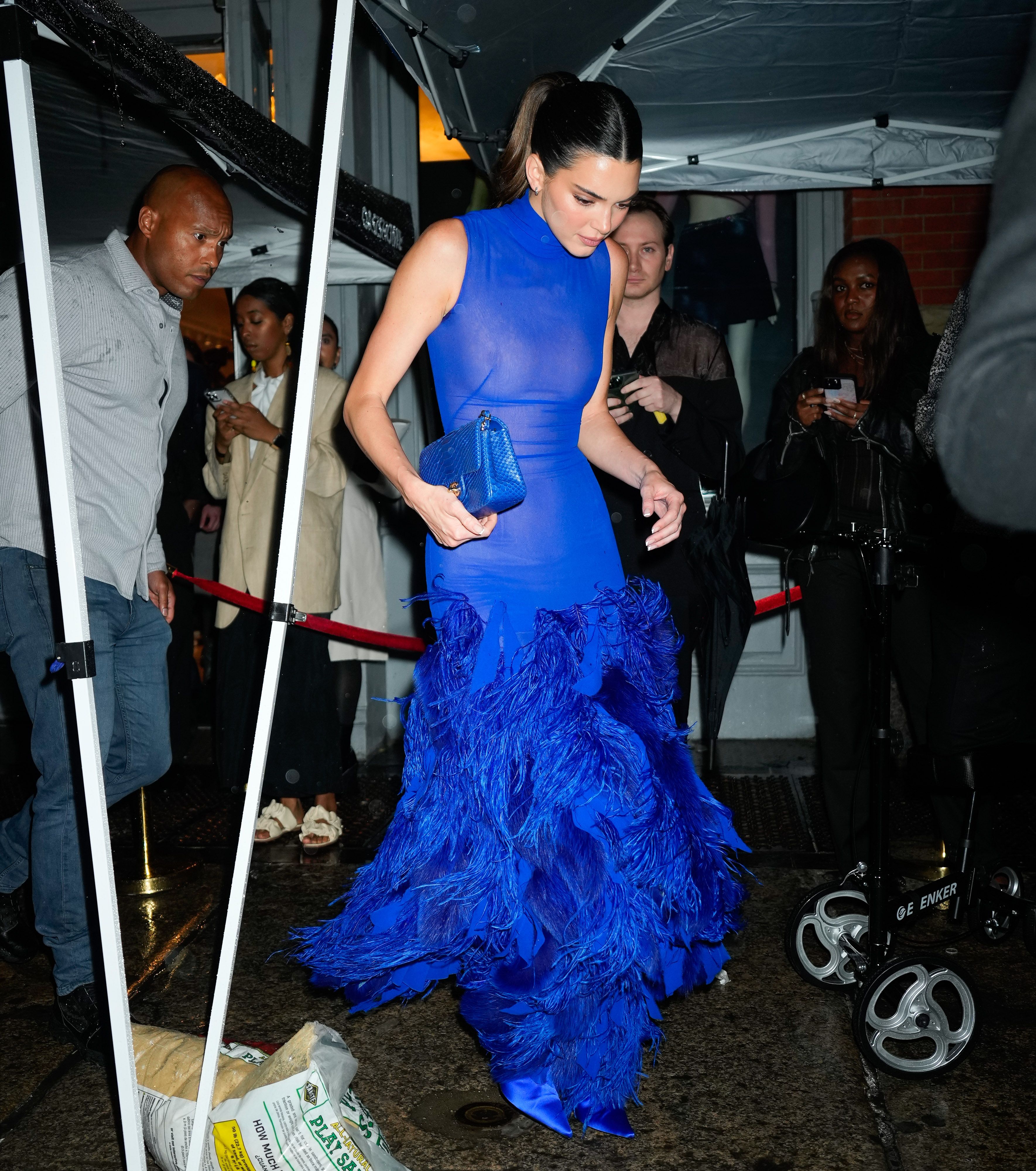 Kendall Jenner Wears See-Through Blue Gown With Feathered Skirt In NYC