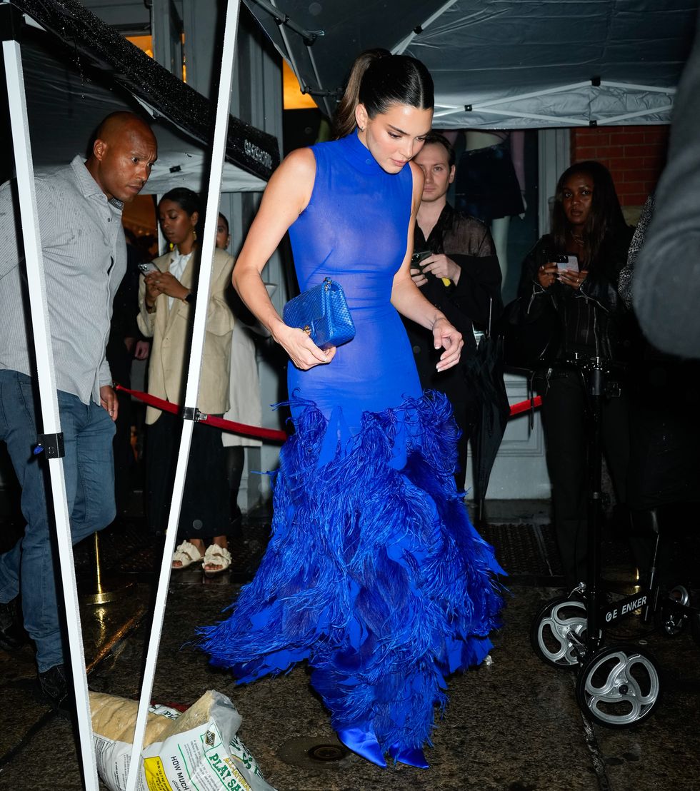 Kendall Jenner Wears See-Through Blue Gown With Feathered Skirt In NYC - ELLE