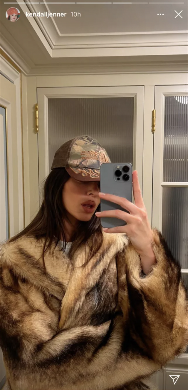 Kendall Jenner Revives Camo Print with a Trucker Hat and Fur Coat