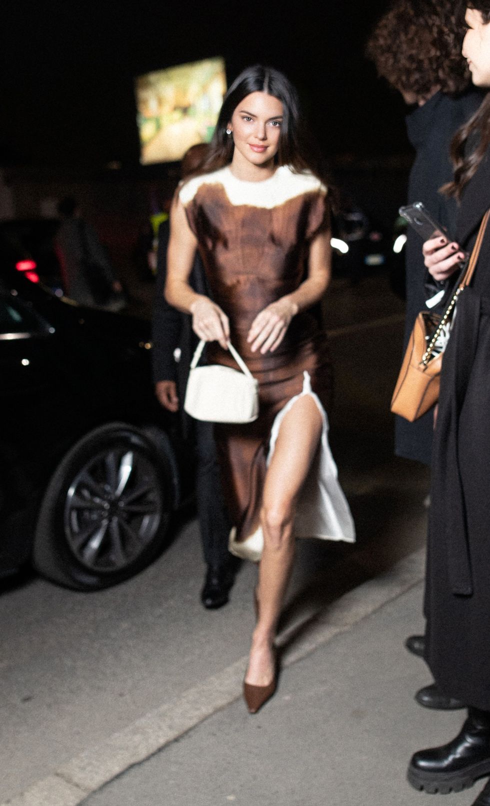 Kendall Jenner Wears Brown Dress With High Leg Slit in Milan