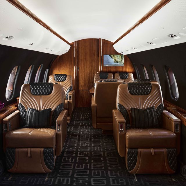 bombardier global express plane, brown leather chairs