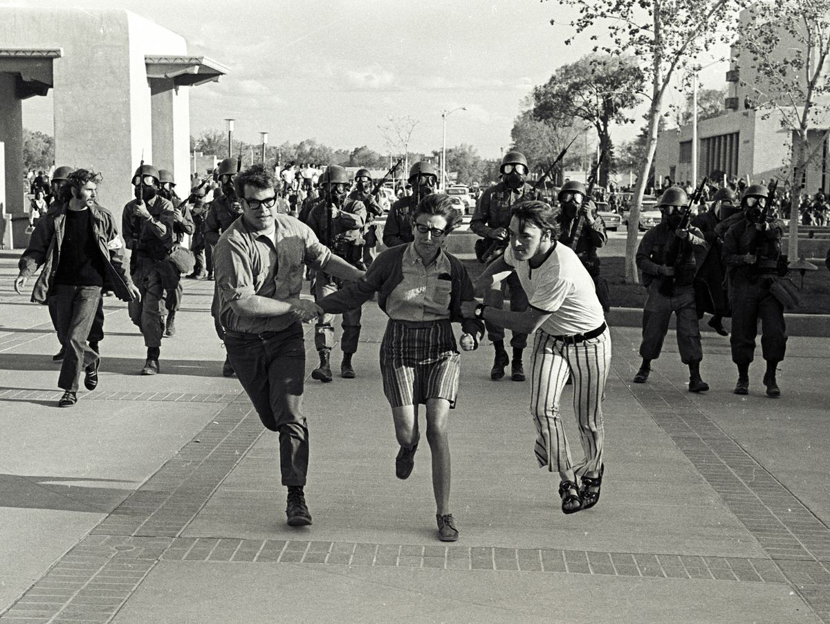 mexico mall of protesting students following the may 4,1970 shooting of students at kent state university students at unm took over the student union building after several days of the occupation the national guard were called upon to clear the students from the building