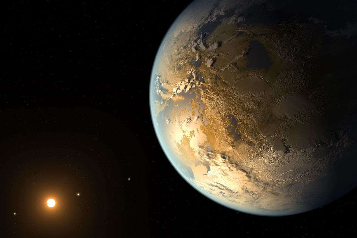 In deze illustratie is Kepler186f uitgebeeld de eerste bevestigde planeet ter grootte van de aarde waarvan de omloopbaan zich binnen de levensvatbare zone rond zijn verafgelegen ster bevindt Die zone valt binnen het bereik waarin water in vloeibare vorm op het oppervlak van de planeet stroomt of zich in meren of zeen heeft verzameld