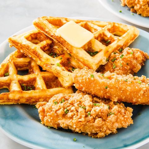 keto chicken and waffles on a blue plate