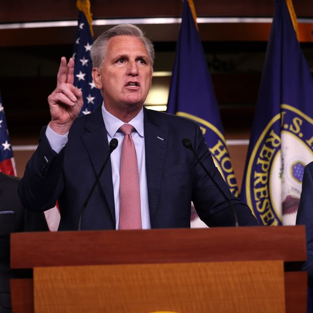 washington, dc   july 21 house minority leader kevin mccarthy r ca l speaks alongside rep jim banks r in at a news conference on house speaker nancy pelosi’s decision to reject two of leader mccarthy’s selected members from serving on the committee investigating the january 6th riots on july 21, 2021 in washington, dc speaker pelosi announced she would be rejecting rep banks and rep jordan’s assignment to the committee photo by kevin dietschgetty images