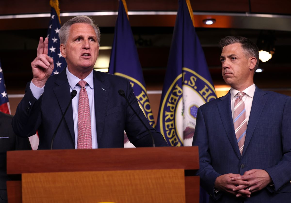 washington, dc   july 21 house minority leader kevin mccarthy r ca l speaks alongside rep jim banks r in at a news conference on house speaker nancy pelosi’s decision to reject two of leader mccarthy’s selected members from serving on the committee investigating the january 6th riots on july 21, 2021 in washington, dc speaker pelosi announced she would be rejecting rep banks and rep jordan’s assignment to the committee photo by kevin dietschgetty images
