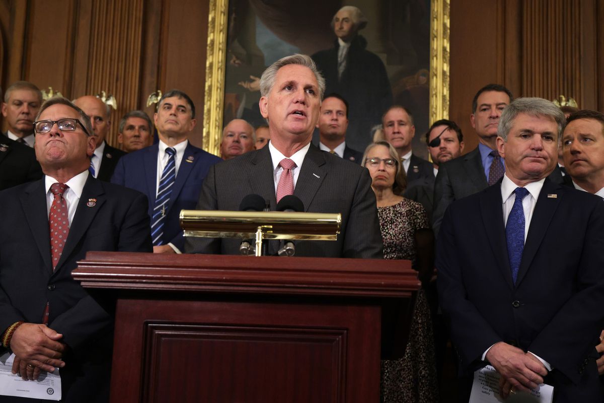 washington, dc   august 31  us house minority leader rep kevin mccarthy r ca c speaks as other house republican veterans listen during a news conference at the rayburn room of the us capitol august 31, 2021 in washington, dc house minority leader mccarthy held a news conference on a republican effort to pass legislation that they hope will hold the biden administration accountable for what republicans are calling a disastrous withdrawal from afghanistan photo by alex wonggetty images