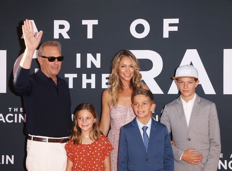 los angeles, california   august 01 kevin costner, christine baumgartner and their children attend the los angeles premiere of 20th century foxs the art of racing in the rain held at el capitan theatre on august 01, 2019 in los angeles, california photo by michael tranfilmmagic