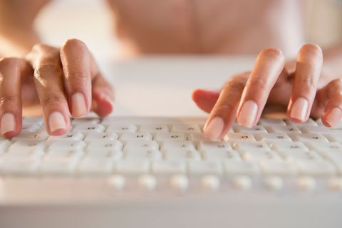 Computer keyboard, Hand, Nail, Finger, Typing, Close-up, Technology, Electronic device, Photography, Gesture, 