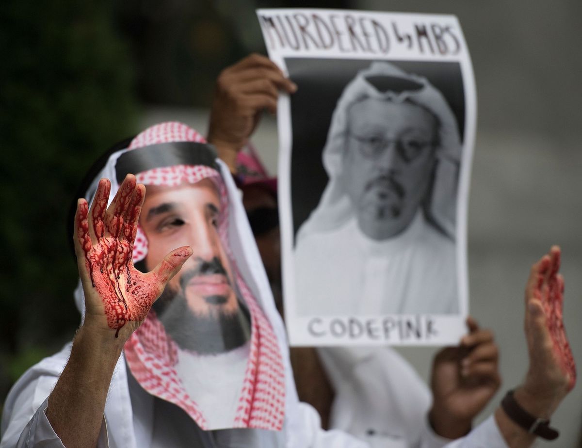 a demonstrator dressed as saudi arabian crown prince mohammed bin salman c with blood on his hands protests outside the saudi embassy in washington, dc, on october 8, 2018, demanding justice for missing saudi journalist jamal khashoggi   us president donald trump said october 10, 2018 he has talked to saudi authorities "at the highest level" to demand answers over what happened to missing journalist jamal khashoggitrump told reporters at the white house that he talked to the saudi leadership "more than once" since khashoggi, a us resident and washington post contributor, vanished on october 2 after entering the saudi consulate in istanbul photo by jim watson  afp        photo credit should read jim watsonafp via getty images