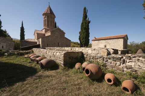 khvtaeba church with clay wine jugs