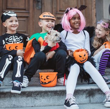 multi ethnic group of children go for trick or treat, they wear costumes, and sitting on steps on doorway costumed pet dog is with them