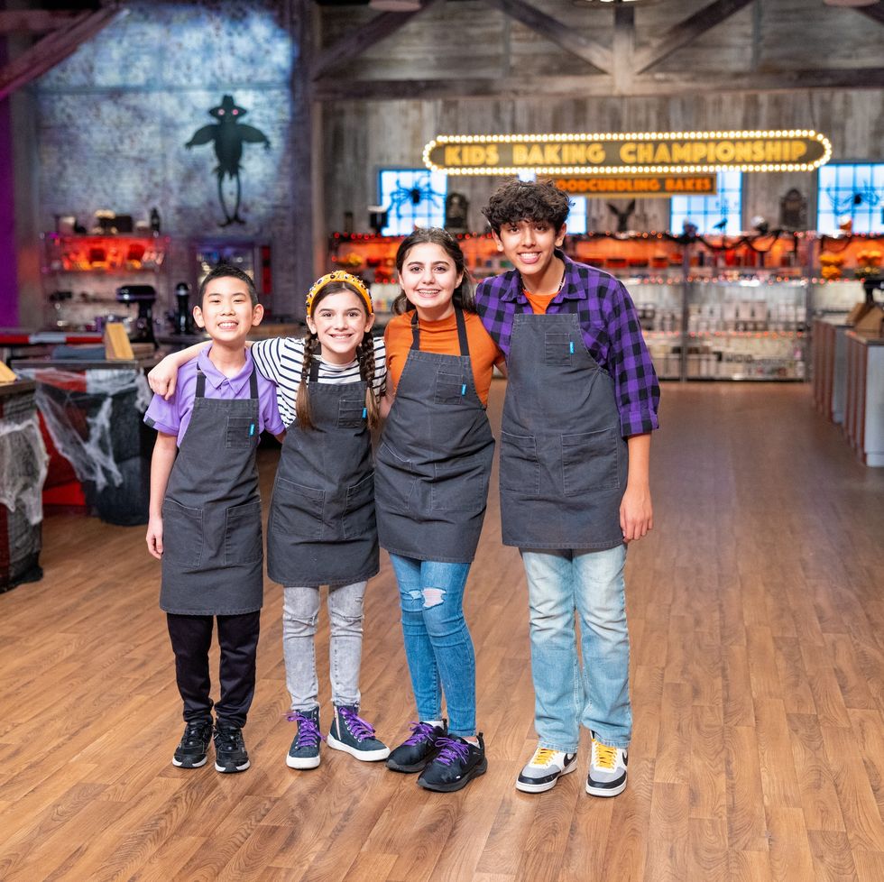 contestants jason chan, peyton waldrep, genevieve kashat and naiel chaudry portrait, as seen on kids baking championship halloween, special
