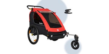 child trailer for bicycles with a red and black design