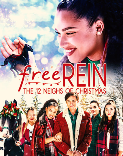 a movie poster showing a group of teenagers in red white and green winter clothes and a black girl holding a horse ornament