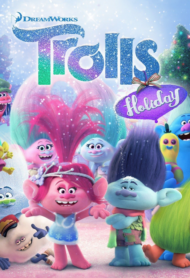 a movie poster for trolls holiday that shows a group of trolls and the main one is smiling and the one beside her is frowning