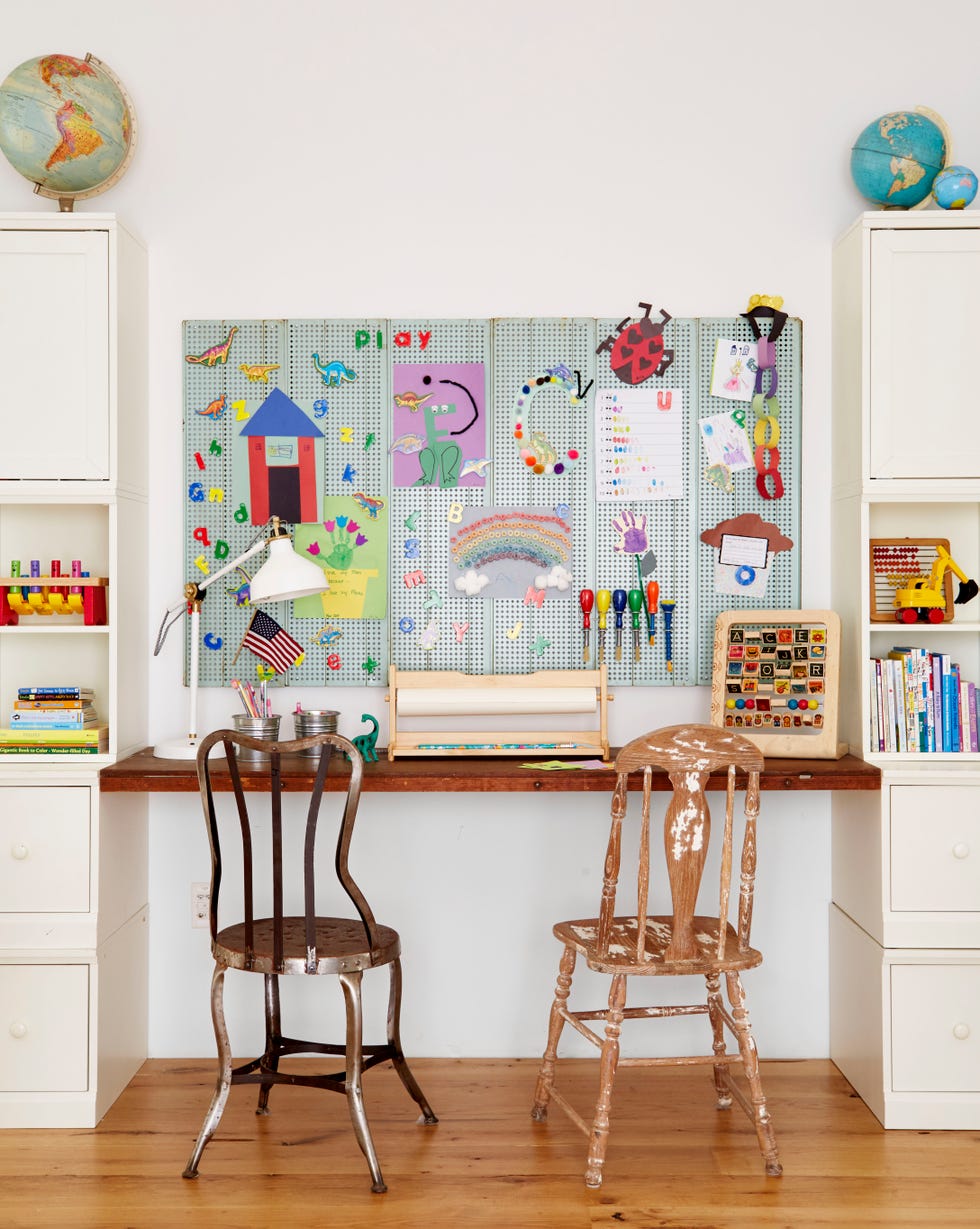 kids desk and pegboard