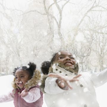 young girls catching snowflakes, playing in snow