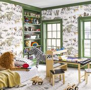 kids room with wallpaper and green paint