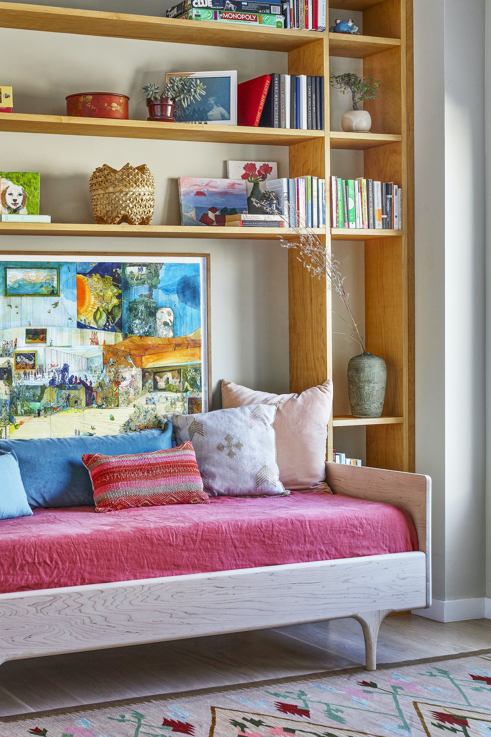 Kid Room with Stacked Book Ledges - Transitional - Girl's Room