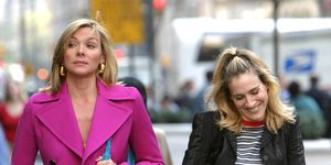 kim cattrall and sarah jessica parker on location for "sex and the city"