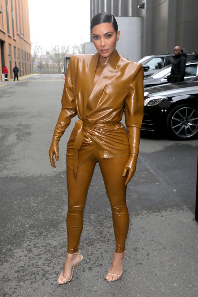 Kim Kardashian Went to Kanye West's Paris Sunday Service in a Balmain Latex  Suit