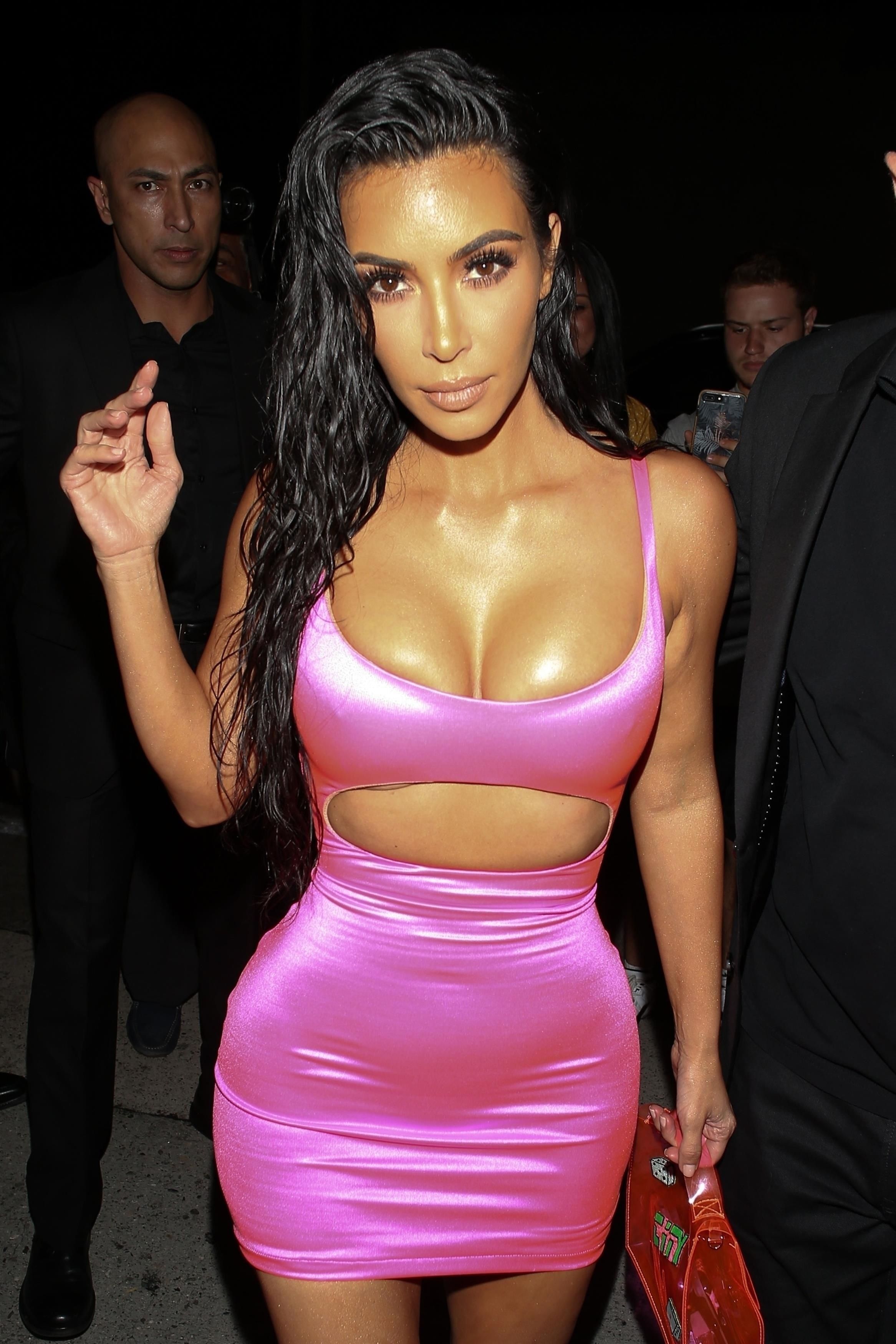 Kim Kardashian wearing a flowing leather black dress as she heads for her  nail salon in Beverly Hills Los Angeles California Stock Photo - Alamy