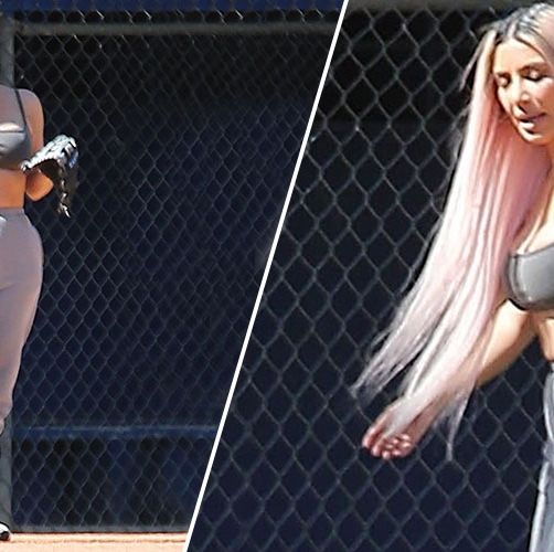 Kim Kardashian Wears Bra Top & Yeezy at Family Softball Game – Footwear News