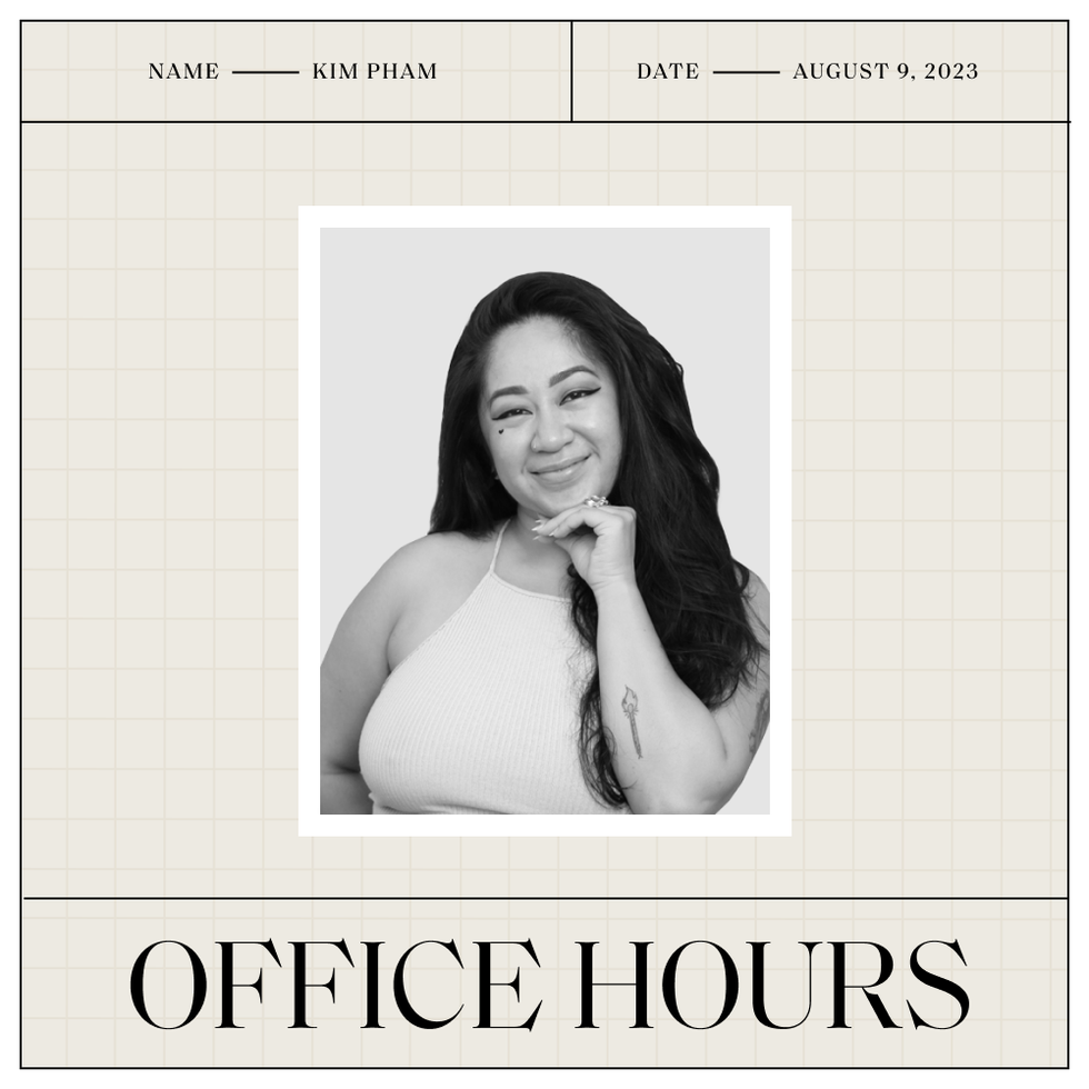 kim pham's headshot with her name and date above the photo and the office hours logo beneath