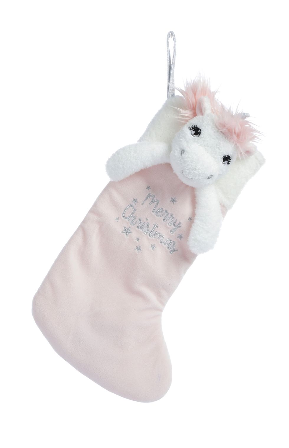 White, Unicorn, Pink, Plush, Fictional character, Fur, Stuffed toy, Christmas stocking, Ornament, Christmas decoration, 