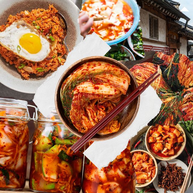 collage with kimchi, jarred kimchi, chopsticks, kimchi recipes