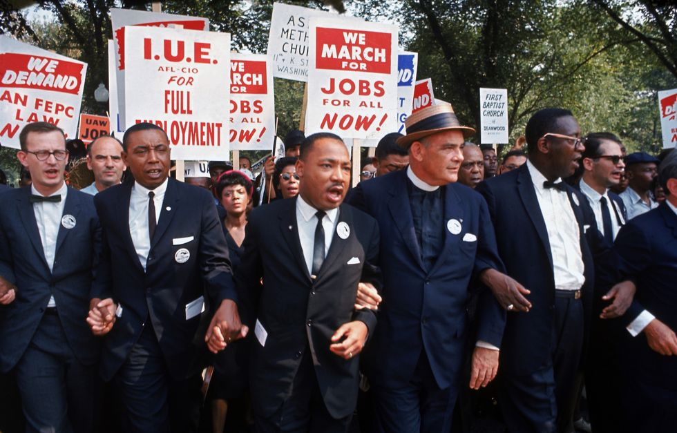 leaders of march on washington for jobs  freedom marching w signs r l rabbi joachim prinz, unident, eugene carson blake, martin luther king, floyd mckissick, matthew ahmann  john lewis  photo by robert w kelleythe life picture collection via getty images