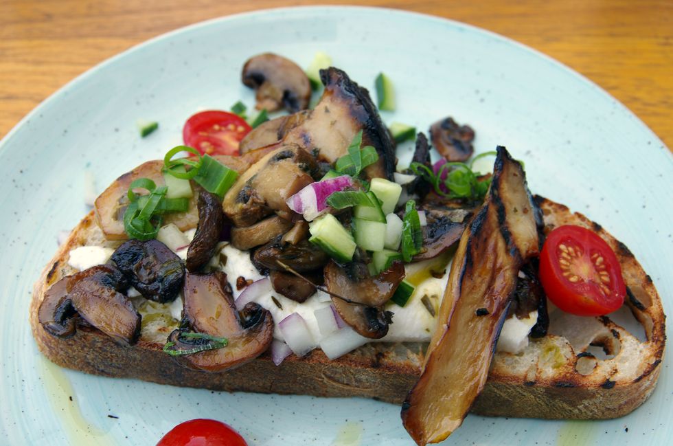 king brown and button mushrooms with goats cheese, tarragon salsa, cherry tomatoes and truffle oil on toasted sourdough bread