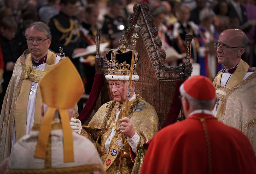 london, england may 06 king charles iii, wearing st edwards crown, during his coronation ceremony in westminster abbey on may 6, 2023 in london, england the coronation of charles iii and his wife, camilla, as king and queen of the united kingdom of great britain and northern ireland, and the other commonwealth realms takes place at westminster abbey today charles acceded to the throne on 8 september 2022, upon the death of his mother, elizabeth ii photo by victoria jones wpa poolgetty images