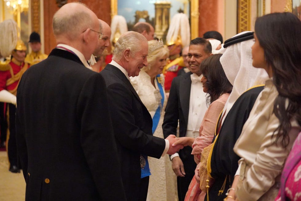 The Royal Family on X: This evening, The King and Queen, accompanied by  The Prince and Princess of Wales, welcomed the world's ambassadors to  Buckingham Palace.  / X