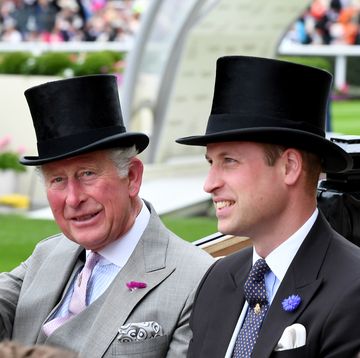 king charles and prince william arrive in an open carriage to attend day one of royal ascot, both are wearing top hats