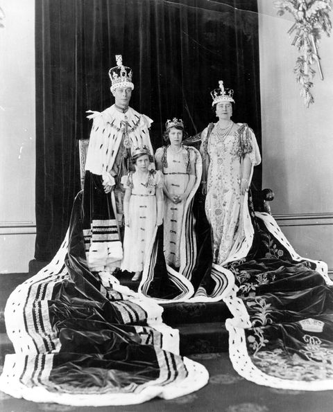 may 1937  king george vi, 1895   1952 and queen elizabeth with their daughters, princesses elizabeth centre and margaret rose 1930   2002 in their coronation robes  photo by hulton archivegetty images