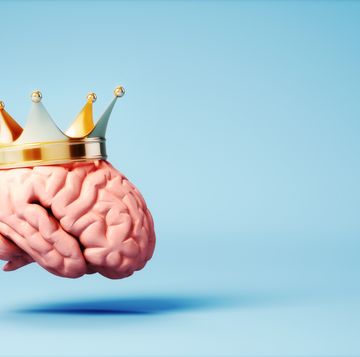 king's crown in human brain on soft blue background, concept of power and greatness