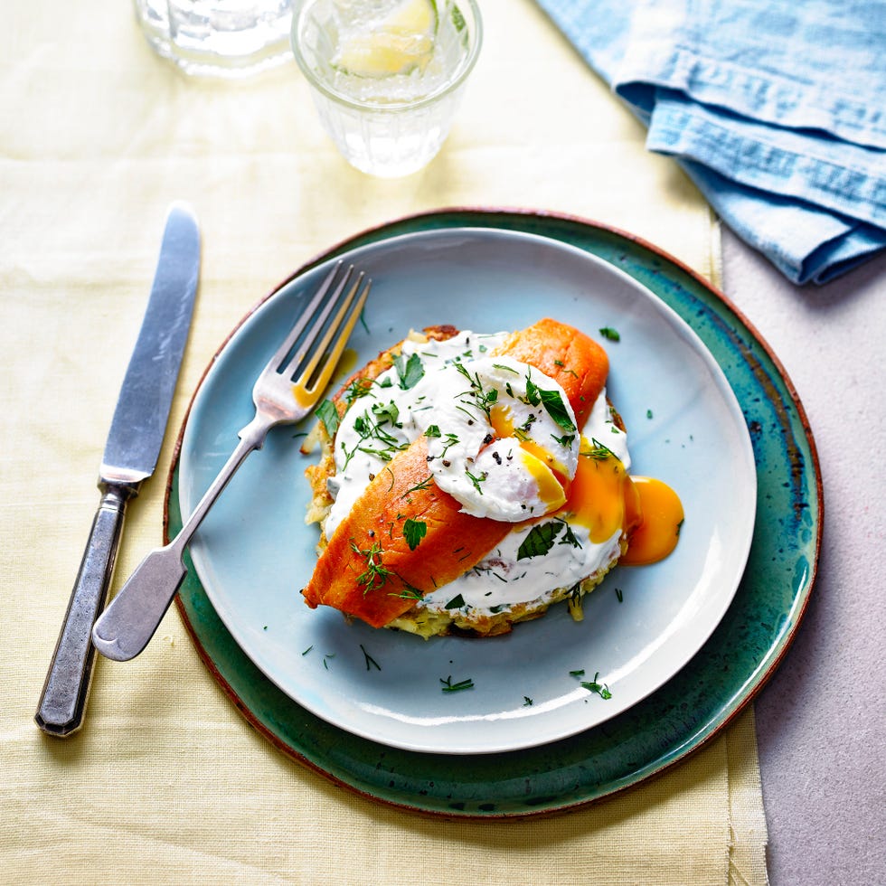 kipper, herby yogurt and zesty rosti