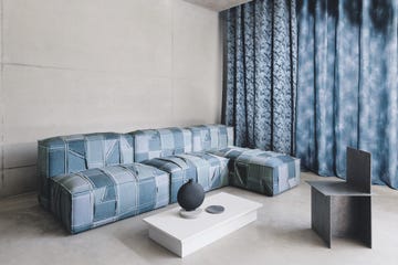 a sofa covered in ‘reclaim reversible denim’, £179 per m, kirkby design