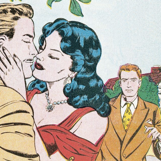 woman kissing a man while another man stands behind her in comic strip style