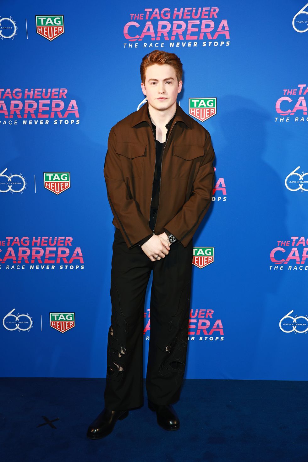 london, england april 20 kit connor arrives at the tag heuer carrera 60th anniversary party at the outernet on april 20, 2023 in london, england pic credit dave benett