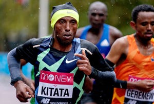 london, england   october 04free for editorial use on behalf of london marathon shura kitata of ethiopia competes in the elite men’s race during the 2020 virgin money london marathon around st jamess park on october 04, 2020 in london, england the 40th race will take place on a closed loop circuit around st james’s park in central london  photo by poolgetty images