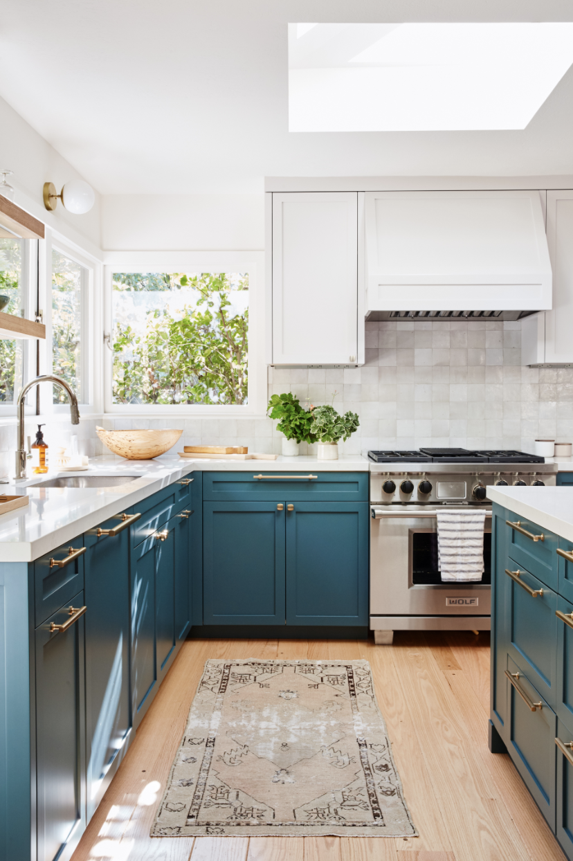 kitchen with blue lower cabinets and upper white cabinets