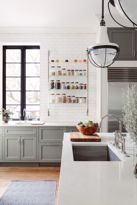 white kitchen with spice rack