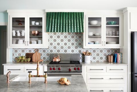 kitchen backsplash ideas modern print backsplash by stove and white cabinets