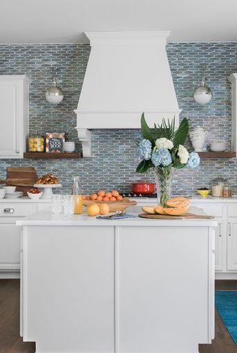 kitchen backsplash ideas, watery blue tile in the kitchen white white cabinetry