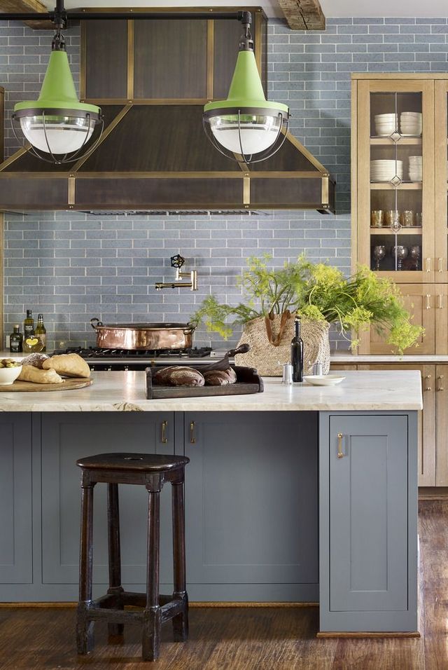 traditional kitchen design with blue subway tile backsplash