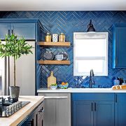 Countertop, Room, Kitchen, Cabinetry, Blue, Furniture, Interior design, Property, Floor, Wall, 